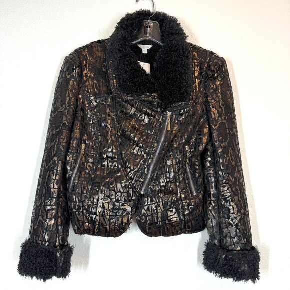 Y2K Rocker Jacket Faux Croc Pattern Black Gold Sherpa Lined Holiday Large - Picture 11 of 11